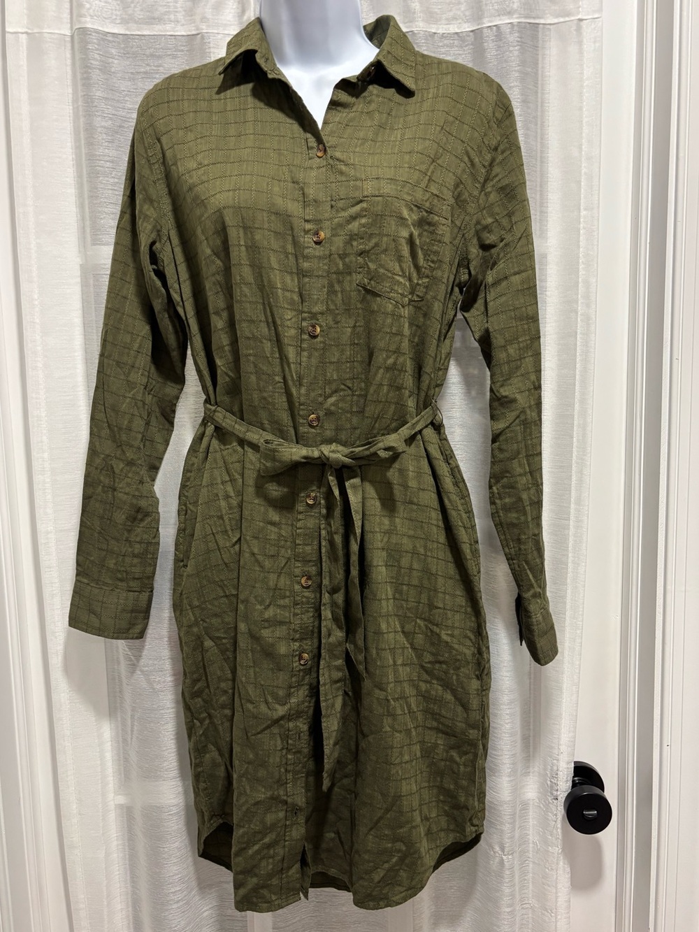 NWT Sonoma Olive Green Cotton Rayon Button Down Shirt Dress Long Sleeve Small